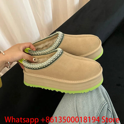 Tasman Slippers Women's Winter Fashiona Ethnic Style Fur Integrated Warm Wool Leather Thick Bottom Tazz Snow Boots for Women