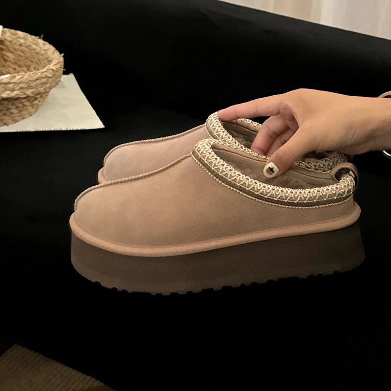 Tasman Slippers Women's Winter Fashiona Ethnic Style Fur Integrated Warm Wool Leather Thick Bottom Tazz Snow Boots for Women