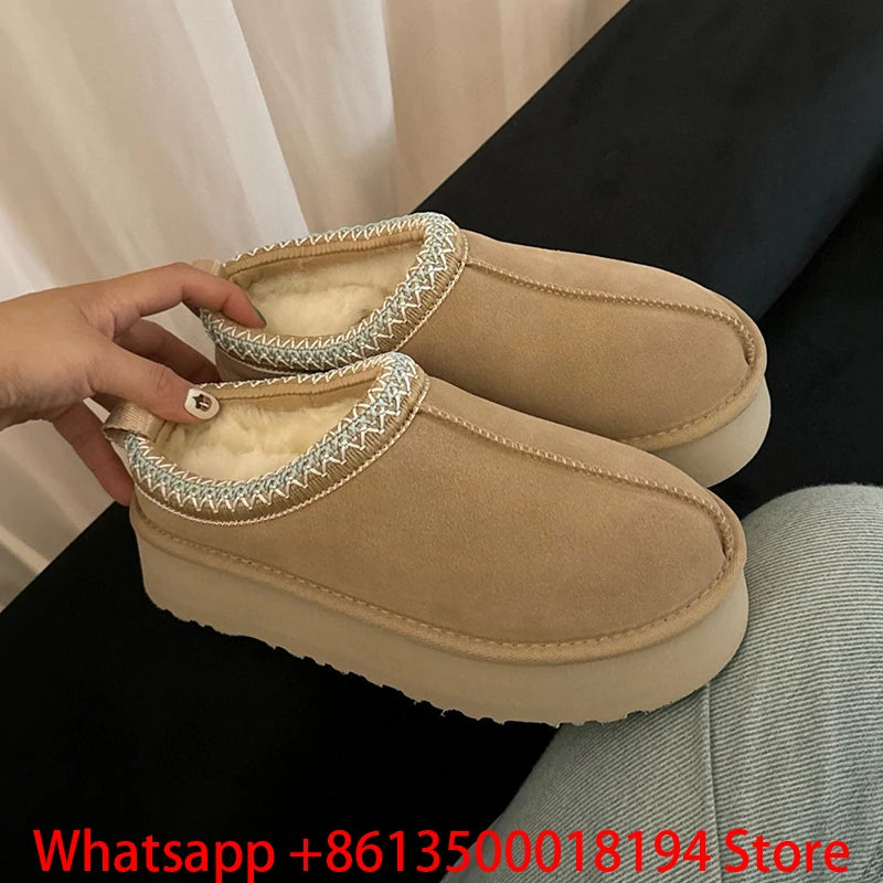 Tasman Slippers Women's Winter Fashiona Ethnic Style Fur Integrated Warm Wool Leather Thick Bottom Tazz Snow Boots for Women