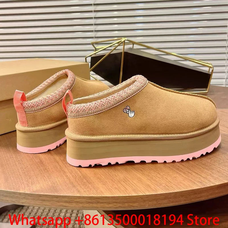 Tasman Slippers Women's Winter Fashiona Ethnic Style Fur Integrated Warm Wool Leather Thick Bottom Tazz Snow Boots for Women