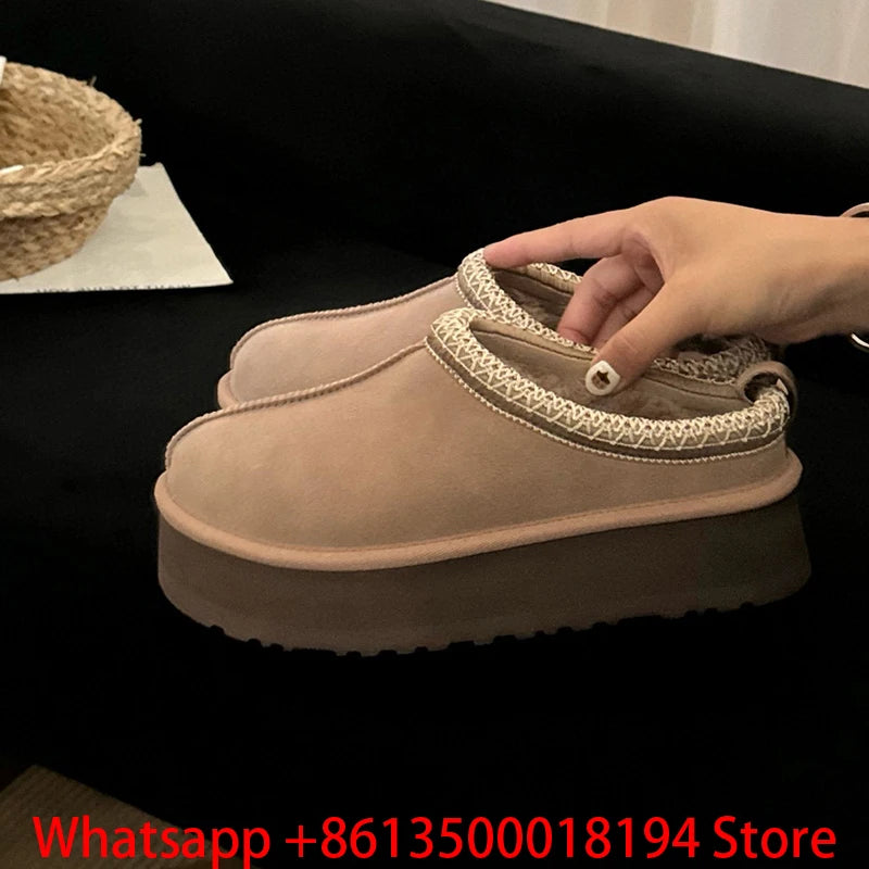 Tasman Slippers Women's Winter Fashiona Ethnic Style Fur Integrated Warm Wool Leather Thick Bottom Tazz Snow Boots for Women
