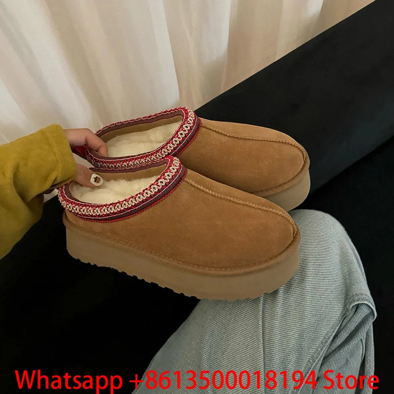 Tasman Slippers Women's Winter Fashiona Ethnic Style Fur Integrated Warm Wool Leather Thick Bottom Tazz Snow Boots for Women