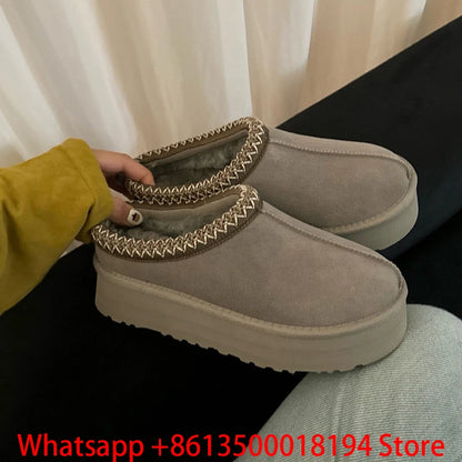 Tasman Slippers Women's Winter Fashiona Ethnic Style Fur Integrated Warm Wool Leather Thick Bottom Tazz Snow Boots for Women