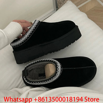 Tasman Slippers Women's Winter Fashiona Ethnic Style Fur Integrated Warm Wool Leather Thick Bottom Tazz Snow Boots for Women